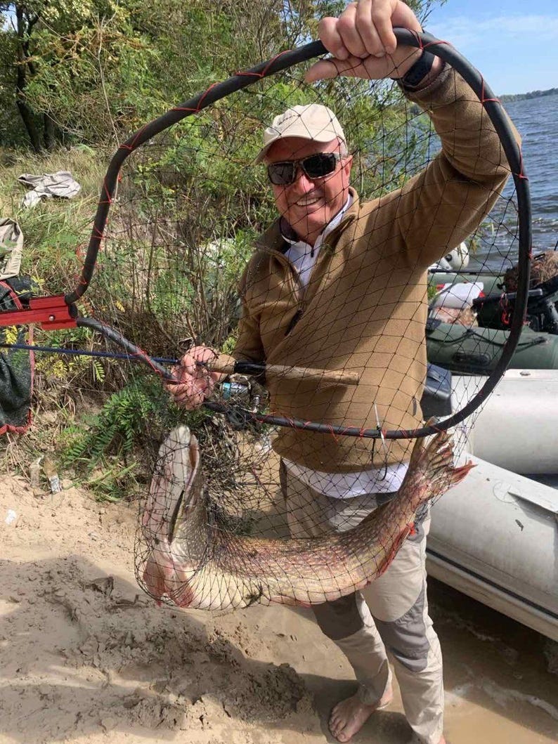 May include: A large black fishing landing net with a red accent on the handle, holding a long, slender, mottled green and brown northern pike fish. The net features a fine black mesh structure and a sturdy frame, used for securing the caught fish.
