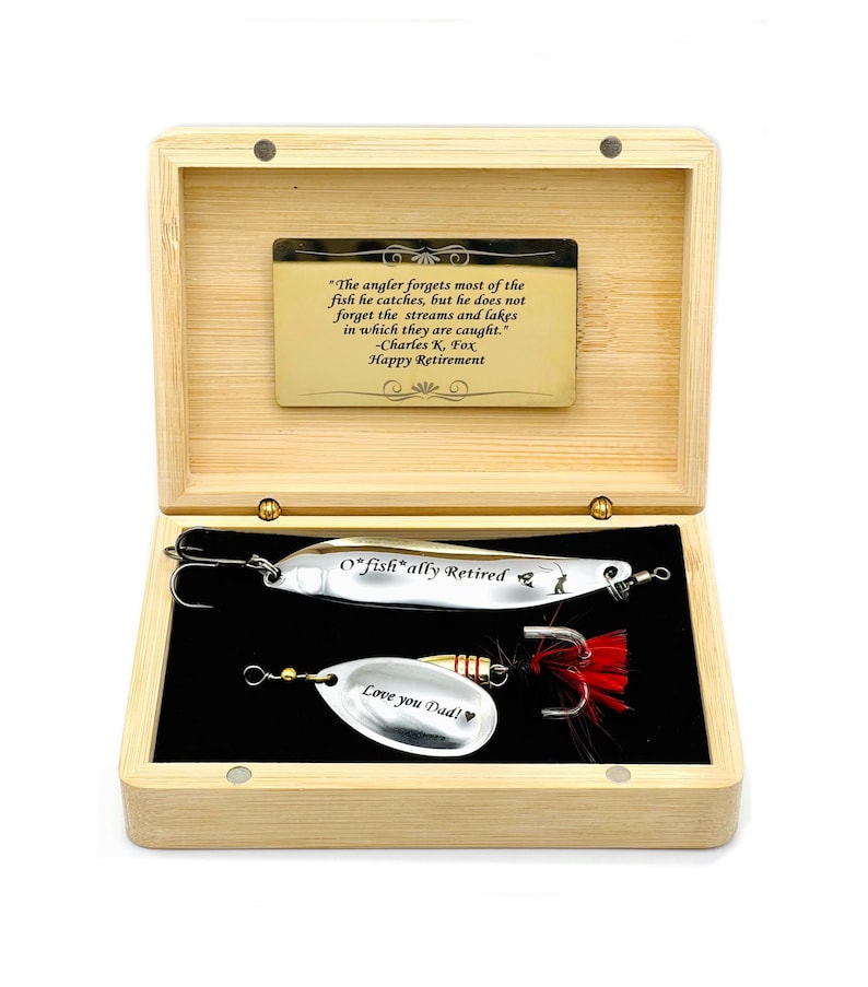 O-Fish-Ally Retired fishing gift for Retirement Dad Fisherman, colleague, boss Personalized Lure Set Engraved coworker