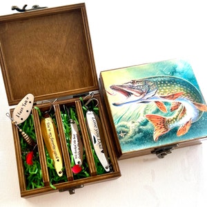 Fishing Gift Handmade Fathers Day gift Fishing Box lures Pike lures Pike Bass Zander perch fishermen Gift for Dad Husband outdoor Jigging