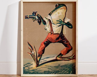 Whimsical Wild West Frog Art Print, Antique Frog Art, Vintage Frog, Victorian Kitsch Poster, Weird Art Print, Storybook Funny Frog