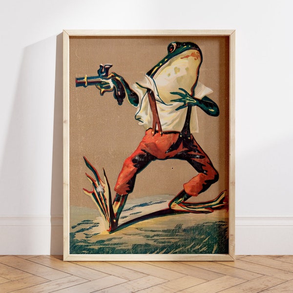 Whimsical Wild West Frog Art Print, Antique Frog Art, Vintage Frog, Victorian Kitsch Poster, Weird Art Print, Storybook Funny Frog