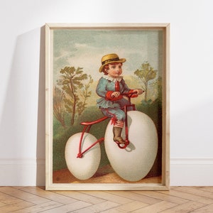 Victorian Boy Riding Weird Bicycle Art Print, Vintage Strange Wall Art, Odd Poster, Weird Wall Art, Kitsch Home Decor, Weird Old Painting