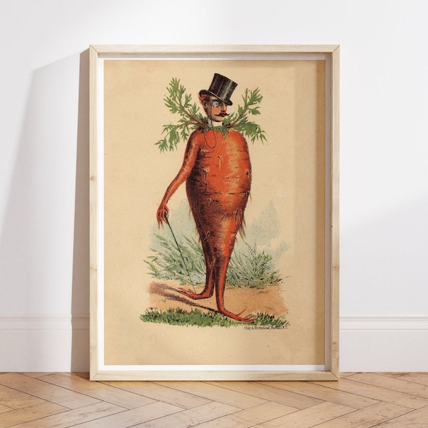 Victorian Carrot Man, Vintage Kitchen Art Print, Funny Kitchen Poster, Food Wall Art, Kitsch, Strange, Bizarre, Absurd, Weird, Curious, Odd