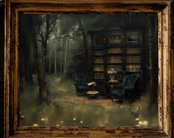 Victorian Library Forest Wall Art Print, Dark Academia Decor, Gothic Bookish Wall Art, Book Lover Home Decor, Dark Moody Oil Painting