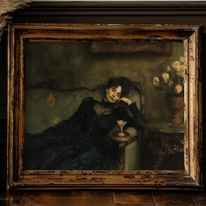 Obraz olejny „Victoria Woman Martini”, wydruk, wystrój Dark Academia, sztuka ścienna w stylu vintage Gothic, sztuka wózka barowego Cocktail Bar, wydruk portretu w stylu barokowym