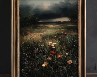 May include: A framed landscape painting featuring a field of wildflowers in shades of red, yellow, and purple. The artwork is set against a backdrop of a dark, stormy sky and a distant treeline. The frame is gold-colored.