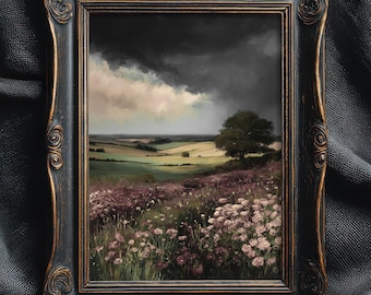 Stimmungsvolle Landschaft Blumenfeld Wand Kunst Druck, Dunkles Academia Dekor, Vintage Blumen Landschaft Ölgemälde, Dunkle Botanische Wandkunst