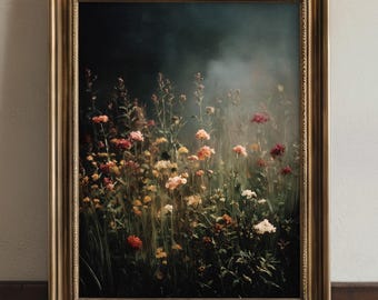 Moody Vintage Flower Field Oil Painting, Floral Botanical Print, Rustic Farmhouse Wildflowers Wall Art