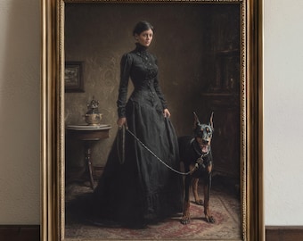 May include: A framed portrait of a woman in a long black dress, holding a leash attached to a Doberman Pinscher. The painting has a vintage aesthetic, with a gold frame and a detailed interior background.