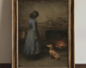 May include: A framed vintage painting depicts a woman in a long blue dress standing near a fireplace, with a dachshund dog sitting attentively. The artwork has a warm, sepia-toned color palette, and is set in a gold-colored frame.