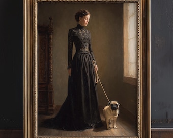 May include: A framed portrait of a woman in a long black dress with a pug dog on a leash. The woman is standing near a window. The portrait is in a gold-colored frame.