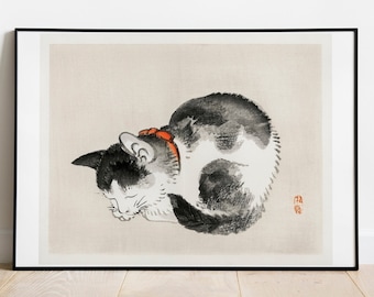 Sleeping Cat Vintage Japanese Art Print, Unframed Cat Art, Christmas Gift for Cat Lover, Vintage Giclee Wall Art, Tuxedo Cat Art Poster