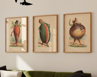 Victorian Vegetable Man Weird Wall Art Bundle, Digital Download Set of 3 Kitchen Art Prints, Funny Kitchen Posters, Food Wall Art, Kitsch