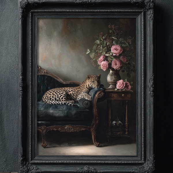 Moody Floral Leopard Wall Art Print, Dark Academia Decor, Classic Vintage Animal Oil Painting, Quiet Luxury Print, Statement Art, Maximalist