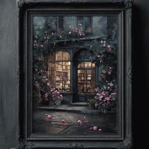 May include: A framed print of a bookstore exterior, with a dark, ornate frame. The image depicts a building with arched windows filled with books, surrounded by climbing roses. The scene is lit with warm interior light and soft exterior lighting.
