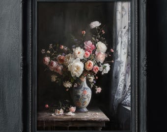 Dark Moody Floral Still Life Painting Print, Dark Academia Decor, Vintage Floral Wall Art Print, Moody Oil Painting, Rustic Botanical Print