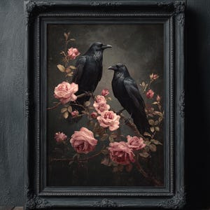 Ravens and Roses Wall Art Print, Dark Academia Wall Art, Gothic Dark Cottagecore Bird Print, Crow Painting, Dark Moody Wall Decor, Pink Rose