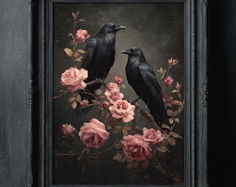 Ravens and Roses Wall Art Print, Dark Academia Wall Art, Gothic Dark Cottagecore Bird Print, Crow Painting, Dark Moody Wall Decor, Pink Rose