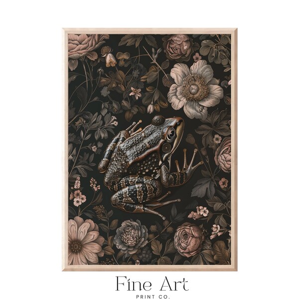 Dark Moody Frog William Morris Wall Art Print, Vintage Floral Botanical Cottagecore Decor, Mid Century Dark Academia Gothic Moody Wall Art