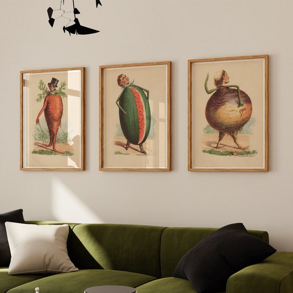 Victorian Vegetable Man Weird Wall Art Bundle, Set of 3 Kitchen Art Prints, Funny Kitchen Posters, Food Wall Art, Kitsch Art Collection