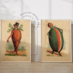 Victorian Vegetable Man Weird Wall Art Bundle, Set of 2 Kitchen Art Prints, Funny Kitchen Posters, Food Wall Art, Kitsch Art Collection