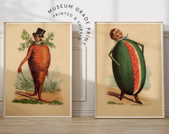 Victorian Vegetable Man Weird Wall Art Bundle, Set of 2 Kitchen Art Prints, Funny Kitchen Posters, Food Wall Art, Kitsch Art Collection