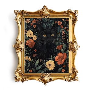Black Cat William Morris Moody Wall Art Print, Vintage Floral Cottagecore Home Decor, Mid Century Dark Academia Flower Print Gift for Her