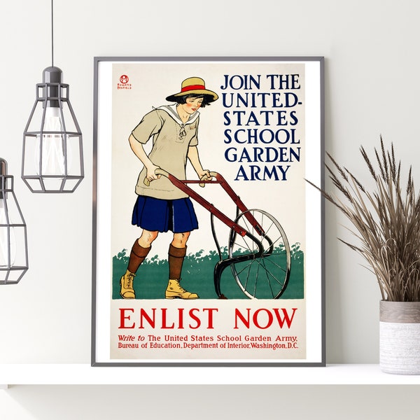 Vintage Army Recruitment Poster, Army Mom Art Print, Greenery & Gardening Wall Decor, World War 1, United States School Garden Army Poster