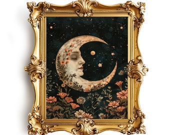 Dark Moody Crescent Moon William Morris Print, Dark Cottagecore Wall Art, Celestial Stars Floral Art Print, Witchy Dark Academia Decor