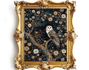 Dark Moody William Morris Night Owl Print, Dark Cottagecore Decor, Floral Art Nouveau Dark Academia Wall Art, Gothic Botanical Owl Painting