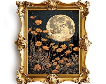 Dark Moody Moon And Flowers William Morris Art Print, Dark Cottagecore Celestial Wall Art, Etheral Moonlight Dark Academia Decor, Gothic Art