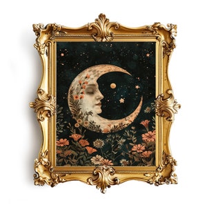 Dark Moody Crescent Moon William Morris Print, Dark Cottagecore Wall Art, Celestial Stars Floral Art Print, Witchy Dark Academia Decor
