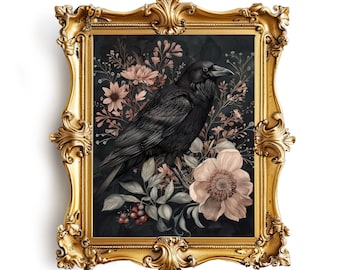 Dark Moody Floral Crow William Morris Art Print, Dark Cottagecore Wall Art Decor, Gothic Flower Dark Academia Decor, Victorian Bird Art