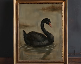 Vintage Black Swan Print, Dark Academia Decor, Dark Moody Wall Art, Gothic Swan Painting, Moody Gothic Wall Decor Poster
