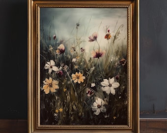 Moody Flower Field Print | Rustic Dark Cottagecore Decor | Vintage Oil Painting | Wall Art | Dark Academia Decor | Rustic Home Decor
