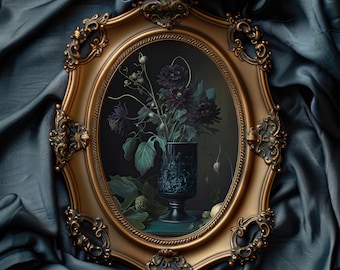 Dark Moody Botanical Art Print, Dark Academia Decor, Gothic Floral Wall Art, Moody Still Life Flower Painting, Dark Cottagecore Decor