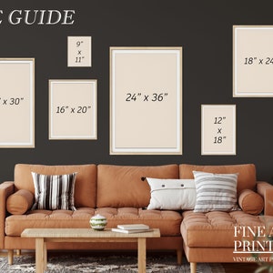 May include: A size guide for art prints, showing different frame sizes in inches, displayed on a dark grey wall with a brown couch and a coffee table in front of it. The text "FINE ART PRINT CO. VINTAGE ART PRINTS" is at the bottom of the image.