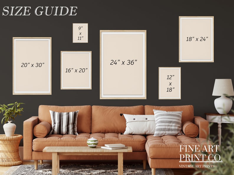 May include: A size guide for art prints, showing different frame sizes in inches, displayed on a dark grey wall with a brown couch and a coffee table in front of it. The text "FINE ART PRINT CO. VINTAGE ART PRINTS" is at the bottom of the image.