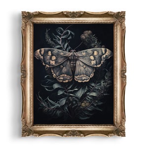 Dark Botanical Moth Print | Cottagecore Decor | Goth Gift | Wall Art | Gothic Oil Painting | Victorian Home Decor | Moody Art