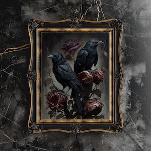 Mörka, stämningsfulla Ravens and Roses konsttryck, mörk Cottagecore-dekor, mörk Academia-dekor, gotisk målning, häxig rumsdekor bild 7