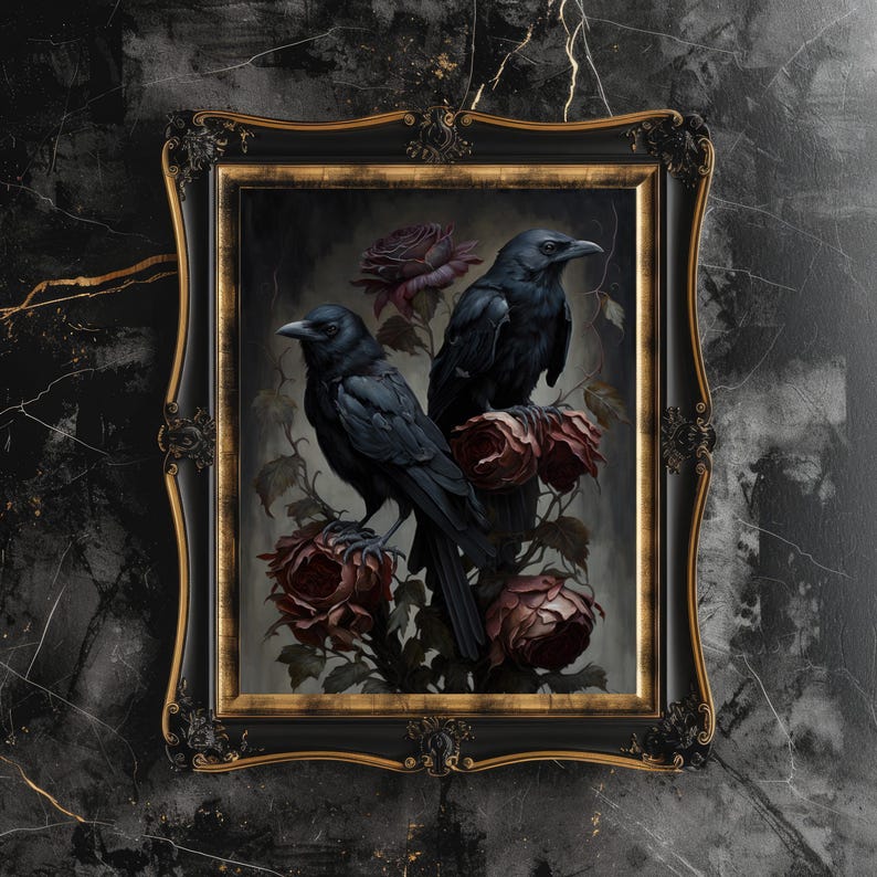 Mörka, stämningsfulla Ravens and Roses konsttryck, mörk Cottagecore-dekor, mörk Academia-dekor, gotisk målning, häxig rumsdekor bild 7