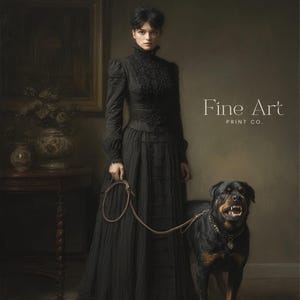 May include: A woman in a long black dress stands with a Rottweiler on a leash. The image has a vintage aesthetic, with the text "Fine Art Print Co." in the upper right corner. The woman's dress has intricate lace detailing.