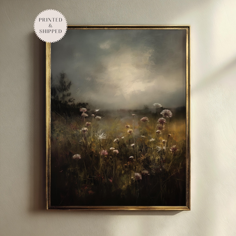 Dark Moody Floral Field Print, Vintage Oil Painting Wall Art, Dark ...