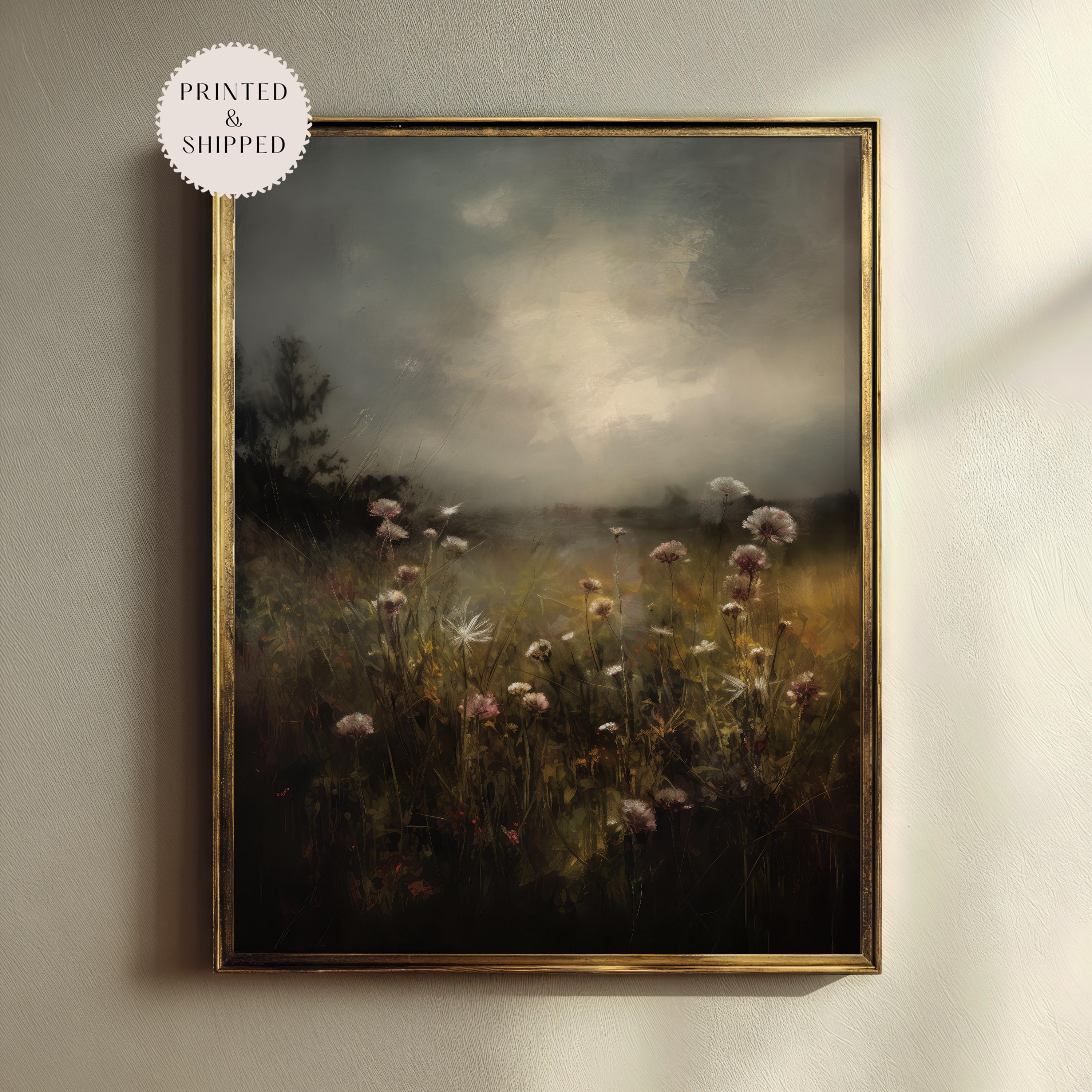 Dark Moody Floral Field Print, Vintage Oil Painting Wall Art, Dark ...