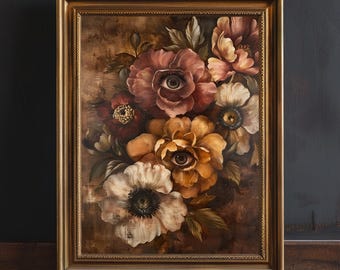 May include: A framed painting of a bouquet of flowers with eyes in the center of each bloom. The flowers are painted in shades of brown, pink, and yellow. The background is a dark brown.