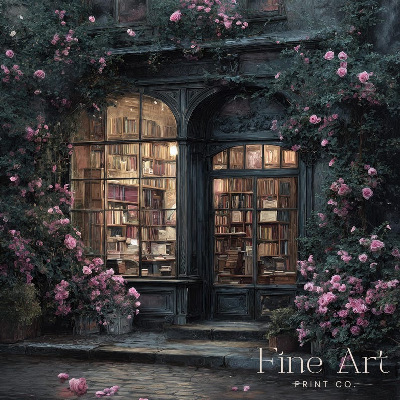 May include: An artistic rendering of a bookstore facade, framed by climbing roses. The dark wood door and window frames contrast with the pink blooms. Bookshelves are visible through the windows, and the text "Fine Art Print Co." is at the bottom.