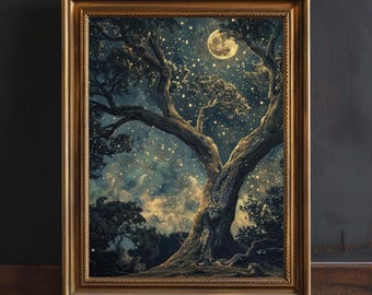 Dark Forest Moon and Stars Print, William Morris Moody Wall Art Print, Maximalist Night Sky Celestial Cottagecore Print, Dark Academia Decor