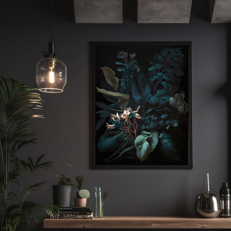 May include: A framed print of a dark green and black floral arrangement with white flowers. The print is hanging on a dark gray wall with a black pendant light above it.