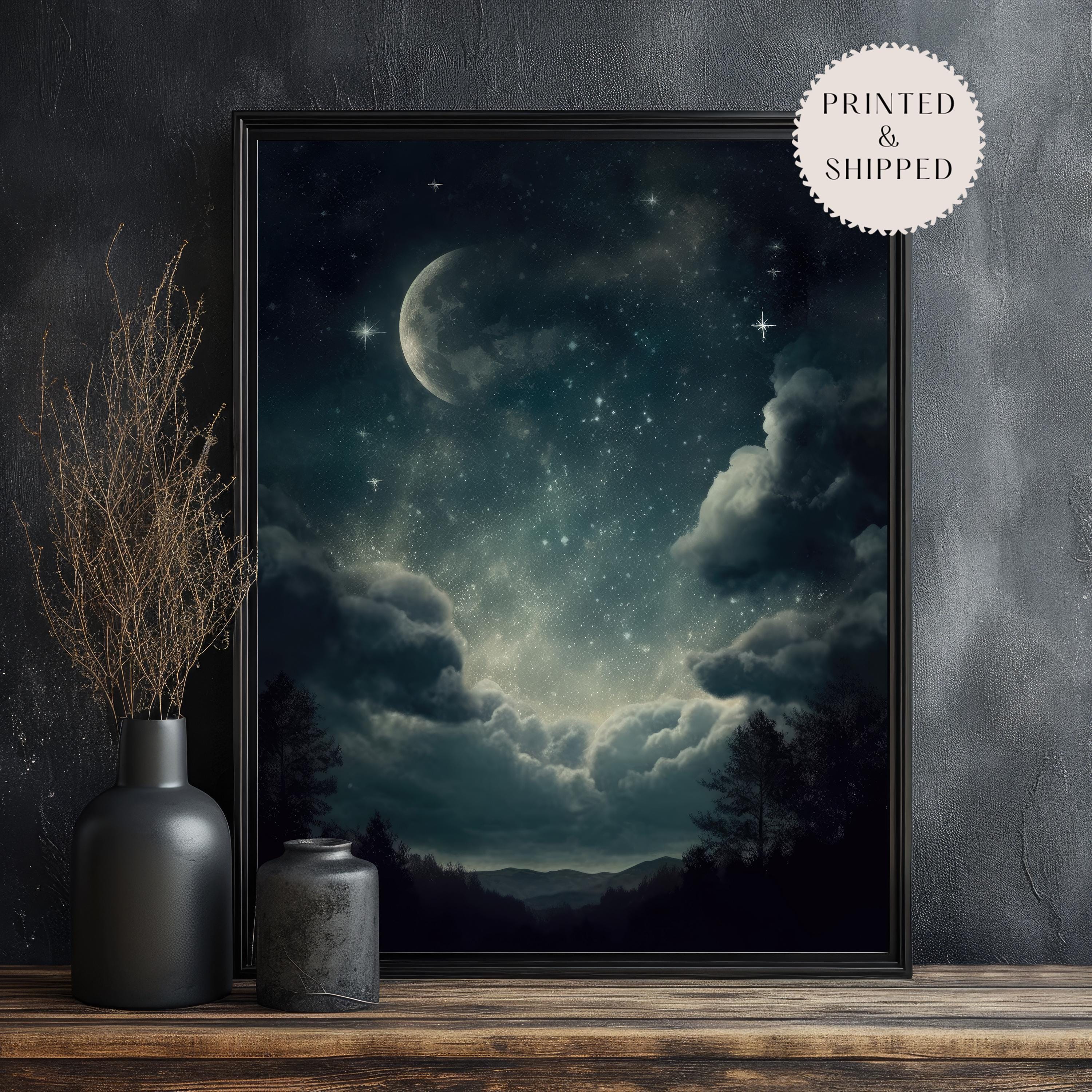Moody Night Sky Print, Dark Academia Decor, Celestial Moon & Stars ...