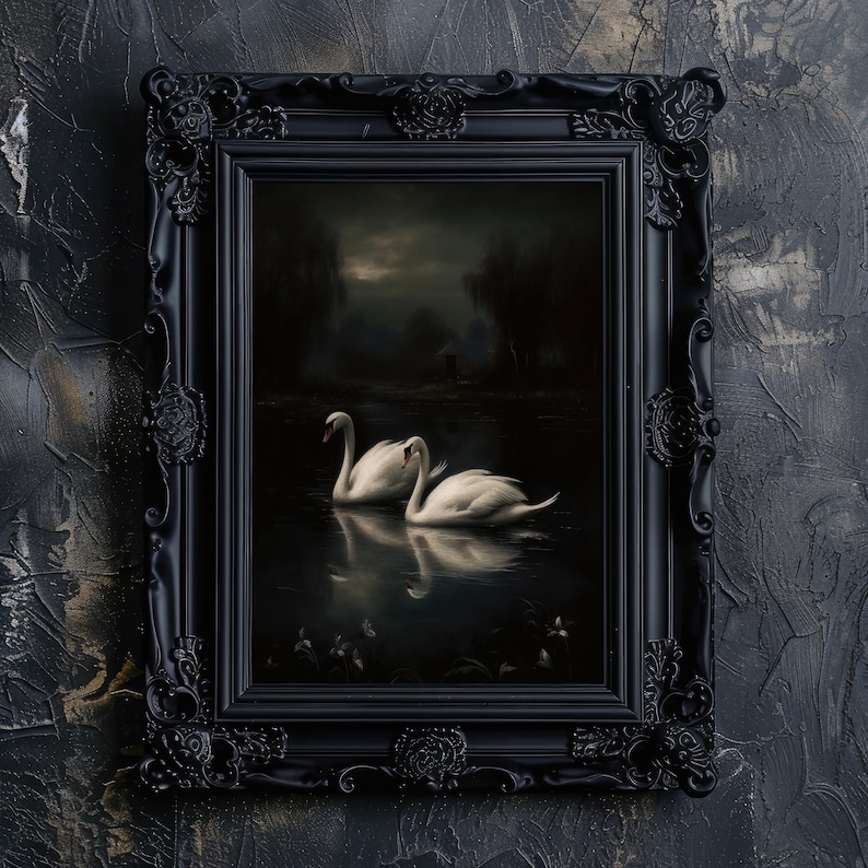 May include: A framed painting of two white swans swimming in a dark, still lake at night. The swans are in the foreground, with a dark forest in the background. The painting is in a black frame with ornate details.